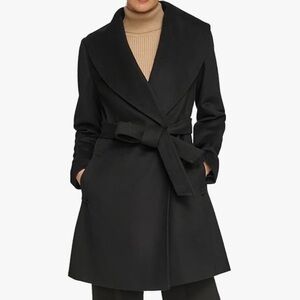 DKNY Women's Shawl Collar Black Wool Coat Elegant Black Belted Coat NEW